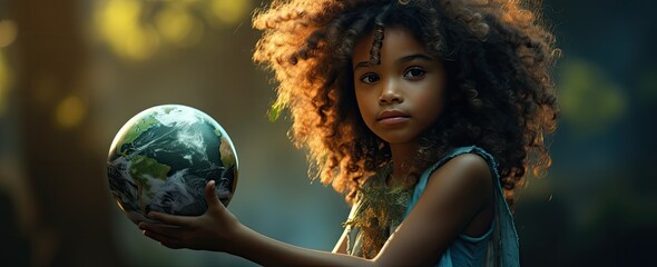 Afrykańska dziewczynka trzymająca kulę w kształcie globu planety ziemi.    - obrazy, fototapety, plakaty