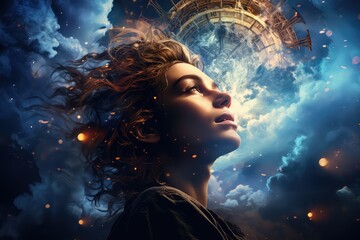 Inny wymiar umysłu podczas fantastycznych snów i snów na jawie przedstawiona na magicznym obrazie we wszechświecie między wymiarowym.   - obrazy, fototapety, plakaty