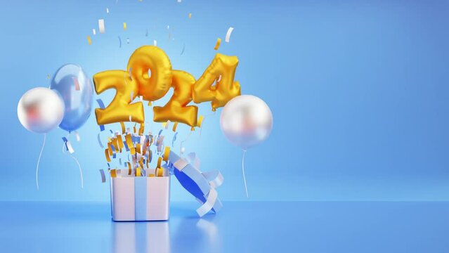 Happy New Year 2024 balloons flying from gift box. Happy New Year celebration concept. 3D render
