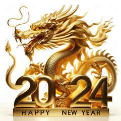 Obraz premium Chinese New Year 2024 with Golden Dragon, numbers and text, isolated on white background, clipping path included.