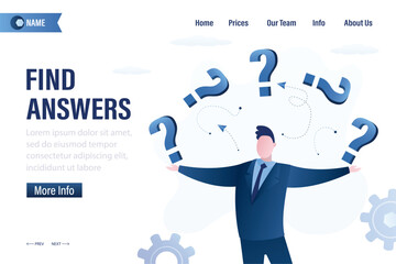 Find answers, landing page template. Confident businessman juggles question marks in search of answers. Business decision or choice to right profitable way.