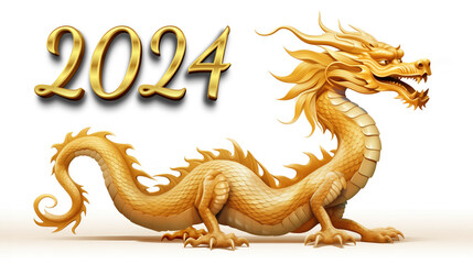 Fototapeta premium Happy chinese new year 2024 with Golden Dragon on white background with clipping path