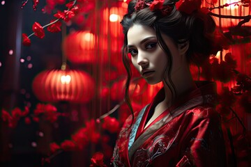 Japońska Gejsza w czerwonym kimono na tle ogrodu kwitnących wiśni.  - obrazy, fototapety, plakaty