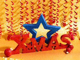 Gold color Christmas and Happy New Year 2024 holiday background with red Xmas label and blue star