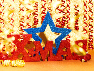 Gold color Christmas and Happy New Year 2024 holiday background with red Xmas label and blue star