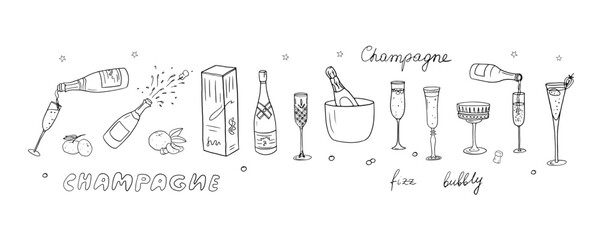 Big set of champagne bottles and glasses in doodle style. Alcohol drinks. Tangerine, ice cubes, strawberry. Great for bar menu, banner, greeting card, holiday, wedding, New Year celebration
