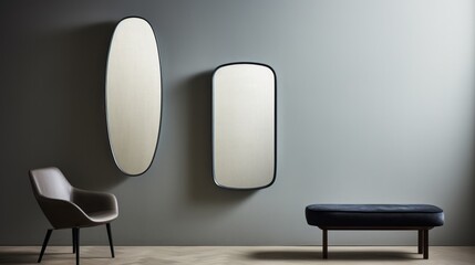  a couple of mirrors hanging on a wall next to a footstool and a footstool in front of a wall with a chair and a footstool.