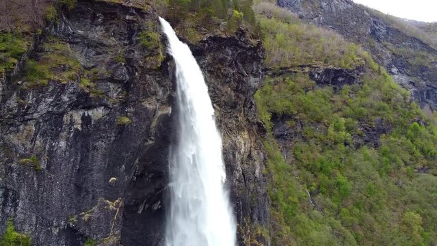Mighty Norwegian Rjoandefossen Waterfall Free Fall, Close Up - Fl&aring;m, Norway 2.7K Aerial Footage
