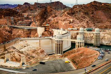 Red rock boulders with Hoover Dam