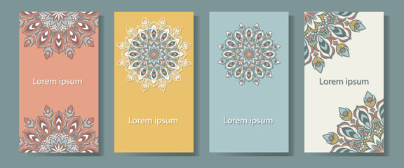 Mandala in the design of cards, invitations, labels, flyers. Four colorful backgrounds in ethnic style.  - obrazy, fototapety, plakaty