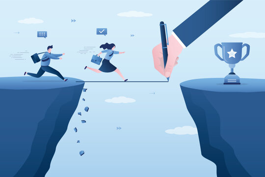 Mentor hand draws path over cliff for business people running to trophy and goals. Help or mentorship in paving way to achieve target, overcoming obstacles, strategic planning for success