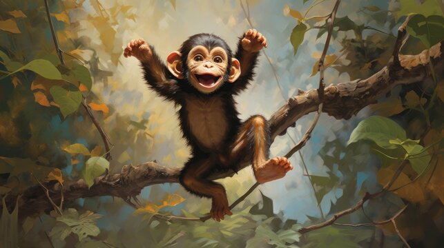  a painting of a monkey sitting on a tree branch with its arms in the air and its mouth wide open, with its mouth wide open wide open wide open.