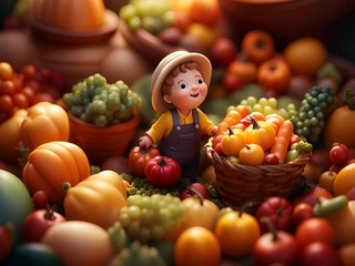 Fototapeta na wymiar The Littlest farmer surrounded by fruits and veggies 
