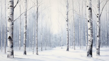  a painting of a snow covered forest with trees in the foreground and a birdhouse on the far end of the tree line in the middle of the picture.