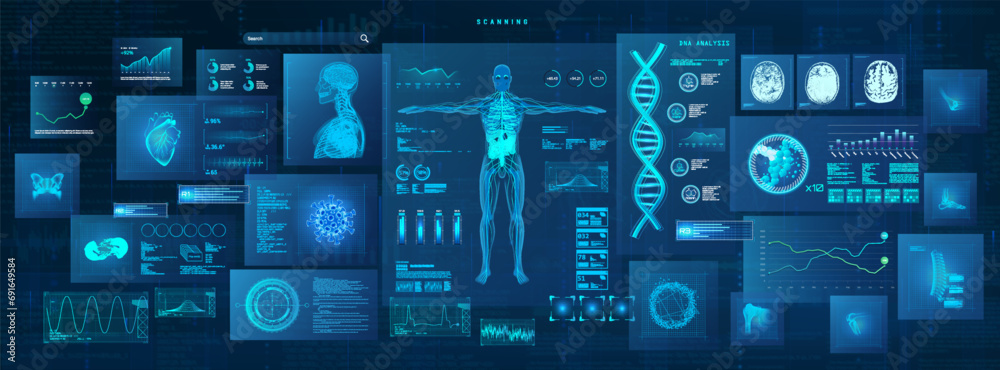 Poster medical examination of a person using ai in hud style with data and infographics, 3d dna model, x-ra