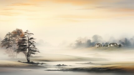 Fototapeta na wymiar a painting of a foggy landscape with a house in the foreground and a tree on the far side of the picture, with a river running through the foreground.