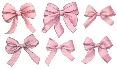 Set of Pink gift bows. Valentine's day, Mother's Day holiday decorations.  - obrazy, fototapety, plakaty