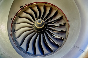 Turbine blades at the intake of a large jet engine