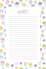 Blank lined note paper with a colorful cupcake border. Continuous one line drawing style. Vector illustration. Perfect for journaling, scrapbooking, note taking, planners or recipe books.