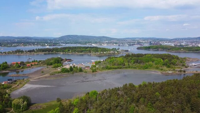 Oslo Island Gressholmen Overview with More Islands Beyond - Oslo, Norway 2.7K Aerial Footage