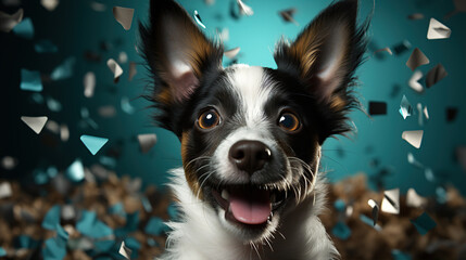 Happy dog wearing a party hat, celebrating at a birthday party. Generative AI