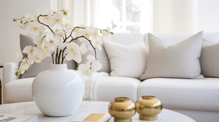  a living room with a white couch and a white coffee table with a vase of flowers on top of it and two gold vases sitting on the coffee table.