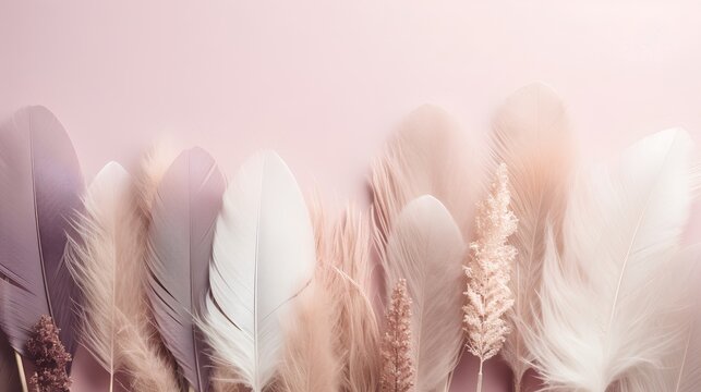 An artistic background, featuring an array of soft, pastelcolored feathers arranged in a textured, minimalist pattern, exuding a serene and aesthetic vibe.