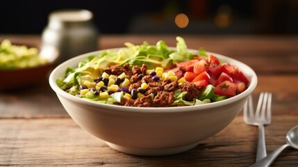  a white bowl filled with lettuce, tomatoes, black beans, corn, and taco meat on top of a wooden table next to a silverware.