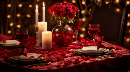 Obraz na płótnie Canvas an elegant table set for a romantic dinner, adorned with candles, rose petals, and fine china, creating the perfect ambiance for a Valentine's Day celebration