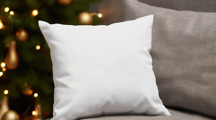 Generative AI, White pillow mockup on Christmas background with holiday decoration, copy space