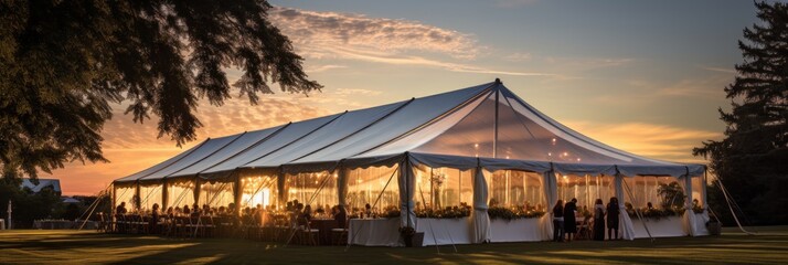 Outdoor wedding tent decorated with flowers, outdoor wedding - obrazy, fototapety, plakaty