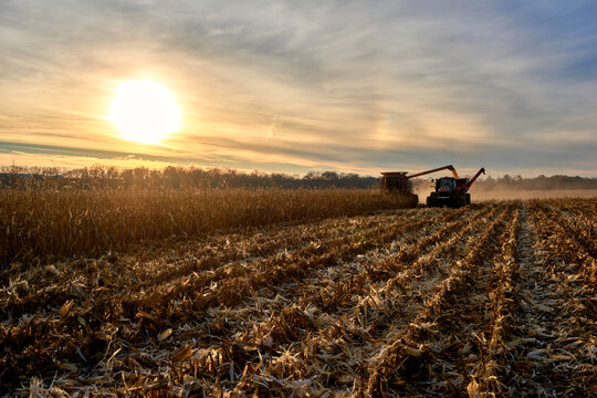 Combine harvesting corn crop offloading to a tag-along tractor and trailer.