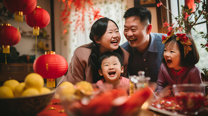 A family with children celebrates Chinese New Year at home - obrazy, fototapety, plakaty