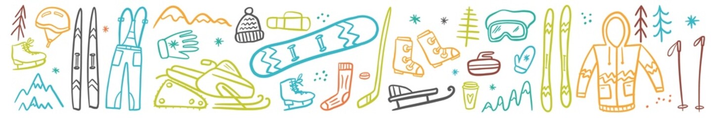 Vector horizontal collection of symbols for skiing and winter sports, hand-drawn in the style of doodles