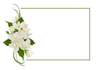 Floral arrangement with Jasmine (Philadelphus) flowers and a green frame isolated on white or...