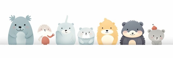 Funny cute bears and animals on a white background, banner illustration