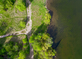 Aerial view of lake or river green shore with forest. Summer season.