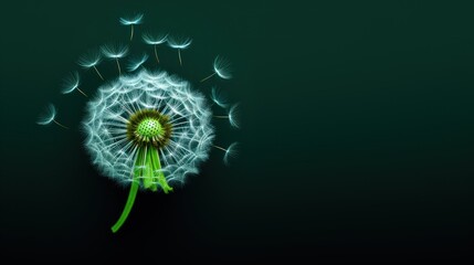  a dandelion on a dark green background with lots of small white dots in the middle of the dandelion, with a green stem in the middle of the middle of the dandelion.