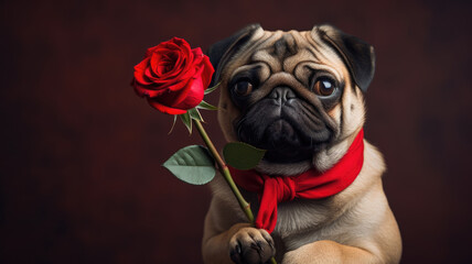 Obraz premium A small dog is holding a red flower. Valentine's day banner