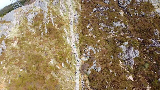 Ulriken Stairway, Tilt Up Revealing Radio Tower and Gondola - Norway 2.7K Aerial Footage 