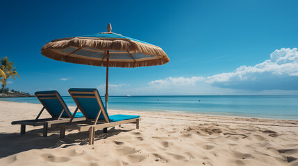 Sunny beach with colored umbrella and chaise-sun lounger on a clean sand. Tropical landscape, picture of a paradise