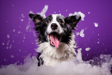 A joyful dog is taking a bath, surrounded by soap suds, splashes and bubbles.
