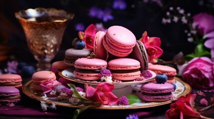  a plate topped with pink macaroons next to a vase of pink flowers and a glass vase of pink flowers and a gold vase with pink flowers on it.