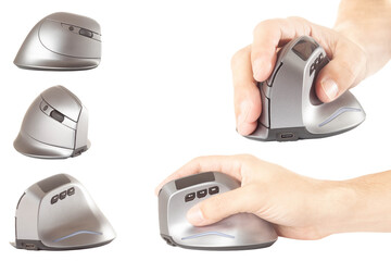 Collage of male hand clicking on vertical computer mouse. Isolated vertical mouse. Concept of body health. Office syndrome concept. Carpal Tunnel Syndrome
