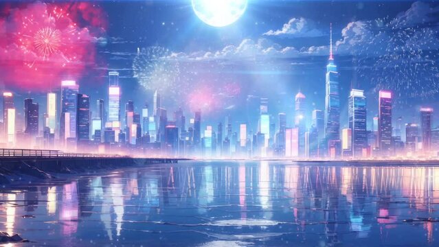 Night city skyline. Landscape of supermoon over city beach. New year eve fireworks display. Anime style of background loop animation video.