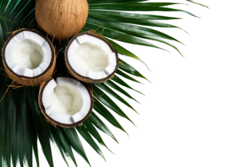 fashion hipster nature overhead high up flat creative layout poster minimal tropical nut food fruit pattern composition Coconut palm leaf mint background Summer concept Fl lay top view copy space