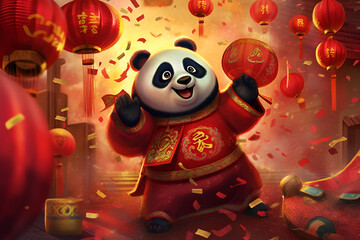 Illustration of a cute panda among red paper lanterns for Chinese New Year celebration