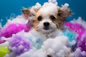 A funny dog with shampoo foam on his head sits in the bathroom. - obrazy, fototapety, plakaty