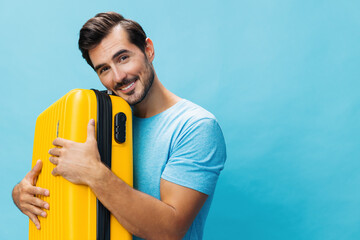Man suitcase background trip studio vacation travel traveler baggage journey happy flight