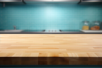 Direct view of a wooden kitchen countertop against a blurred view of the interior.